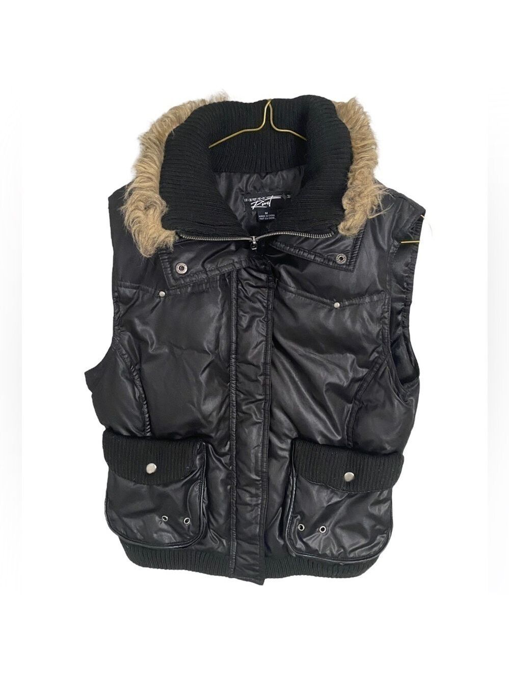 Rivet Black Down Vest with Faux Fur Collar Medium